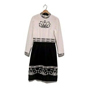 Vintage 60s Embroidered Mod Long Sleeve Dress Black White High Neck Poly B39 R&K